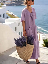 Load image into Gallery viewer, Women's Loose Solid Color Tie V-Neck Pocket Dress