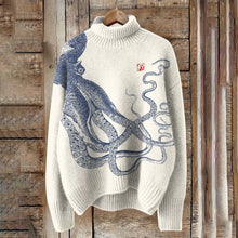 Load image into Gallery viewer, Japanese Octopus Art Print Turtleneck Knitted Cozy Pullover Sweater