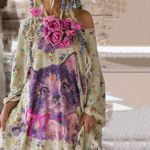Flora Cat Art Cotton Blend Midi Dress