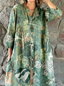 Women's Elegant Vintage Underwater World Pattern Print Shirt Style Cotton and Linen Dress