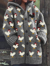 Load image into Gallery viewer, Vintage Rooster Pattern Cozy Knit Hooded Cardigan