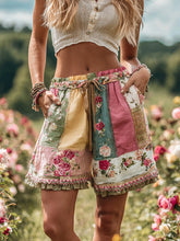 Load image into Gallery viewer, Women's Bohemian Rose Patchwork Contrast Belted Pocket Shorts
