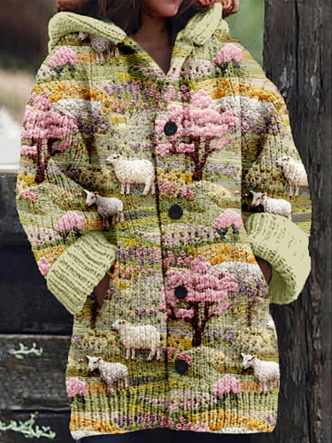 Farm Sheep Landscape Embroidery Art Cozy Hooded Cardigan