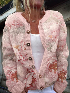 Women's Breast Cancer Pink Flower Print Knit Cardigan