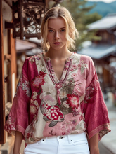 Load image into Gallery viewer, Vintage Pink Koi Floral Embroidery Linen Blend Shirt