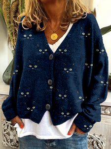 Cute Cat Face Pattern Cozy Button Cardigan