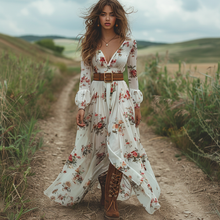 Load image into Gallery viewer, Women's Retro V-neck Floral Long-sleeve Bohemian Pastoral Style Maxi Long Dress