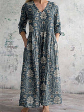 Load image into Gallery viewer, Women&#39;s Elegant Vintage Floral Pattern Cotton and Linen Dress with Pockets