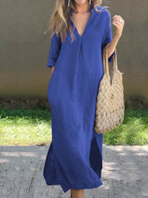Load image into Gallery viewer, Women's Solid Color V-Neck Linen Pocket Dress