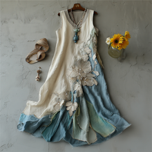 Load image into Gallery viewer, Women's Vintage Floral Embroidery Ombre Linen Dress