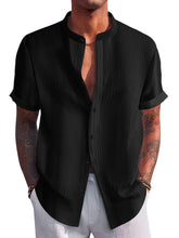 Load image into Gallery viewer, Men's Summer Stand Collar Vertical Stripe Jacquard Solid Color Short Sleeve Shirt