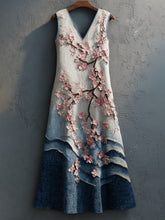 Load image into Gallery viewer, Women's Cherry Blossoms Embroidery And Huge Waves Patchwork Art Linen Midi Dress