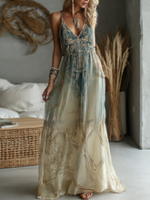Load image into Gallery viewer, Vintage Marble Texture Collection Retro Bohemia Women Style Gradient Gilded Pattern Linen Suspender Long Dress