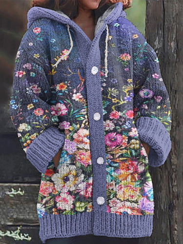 Flower Oil Painting Art Embroidery Cozy Hooded Cardigan