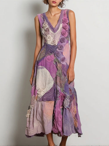 Vintage Purple Roses Embroidered Patchwork Linen Tank Dress