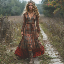 Load image into Gallery viewer, Women's Vintage V-neck Bohemian Pastoral Plaid Style Long-sleeve Maxi Long Dress
