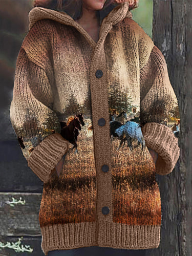 Western Running Horses Cozy Knit Hooded Cardigan