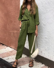 Load image into Gallery viewer, Casual Solid Color V-Neck Shirt &amp; Pants Cotton Linen Two-Piece Set