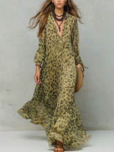 Load image into Gallery viewer, Olive Green Leopard Print Chiffon Long-sleeved Bohemian Dress