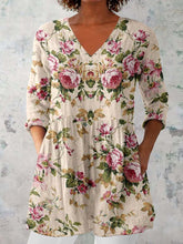 Load image into Gallery viewer, Women's Elegant Floral Pattern Round Neck Cotton and Linen Top