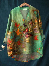 Load image into Gallery viewer, Women's Butterfly Print Casual Cotton And Linen V-neck Shirt