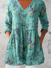 Load image into Gallery viewer, Women's Elegant Floral Pattern Round Neck Cotton and Linen Top
