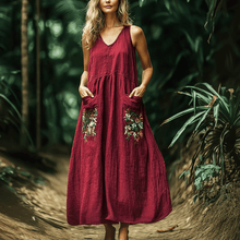 Load image into Gallery viewer, Women's Vintage Contrast Pocket Sleeveless Linen Maxi Dress