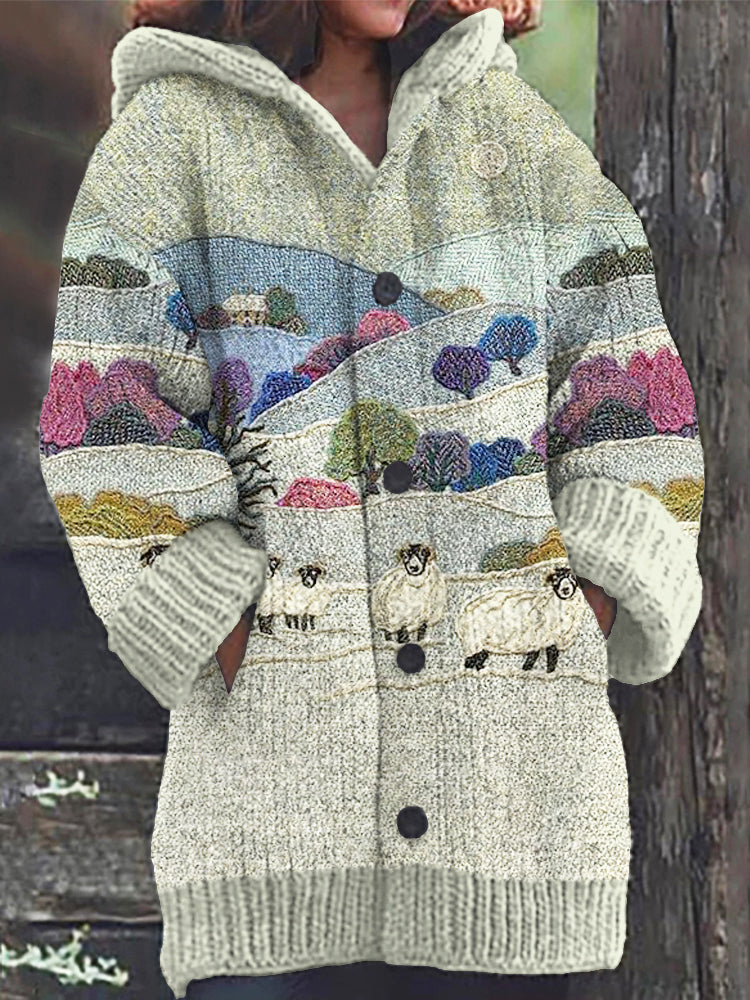 Field & Sheep Pattern Cozy Knit Hooded Cardigan