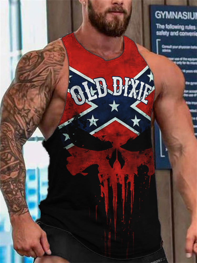 Men's Old Dixie Rebel Flag Skull Contrast Tank Top