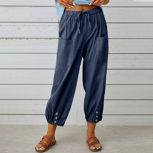 High Waisted Button Cotton Linen Wide Leg Cropped Pants