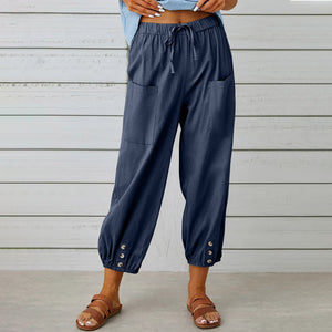 High Waisted Button Cotton Linen Wide Leg Cropped Pants