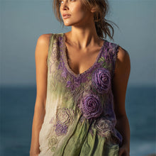 Load image into Gallery viewer, Boho Lavender Roses Fiber Art Gradient Flowy Linen Tank Top