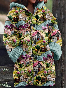 Farm Landscape Embroidery Art Cozy Hooded Cardigan