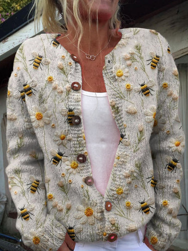 Cute Bee Little White Flower Print Buttoned Cardigan Sweater