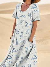 Load image into Gallery viewer, White Bunny In Spring Field Repeat Printed Women's Linen Pocket Dress