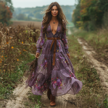 Load image into Gallery viewer, Women's Retro V-neck Floral Long-sleeve Bohemian Pastoral Style Maxi Long Dress