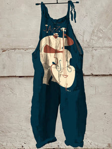 Decorative Pattern of Jazz Cellist Playing Casual 100% Cotton Wide Leg Jumpsuit