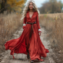 Load image into Gallery viewer, Women's Vintage Pastoral Style V-neck Linen Long-sleeve Maxi Long Dress