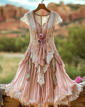 Load image into Gallery viewer, Summer Vintage Floral Lace Patchwork Yellow Green Dress 9144