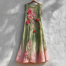 Load image into Gallery viewer, Vintage Pink Roses Boho Lace Patchwork Gradient Linen Tank Dress