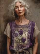 Load image into Gallery viewer, Vintage Purple Roses Embroidered Patch Contrast Linen Tunic