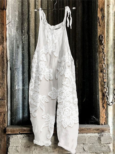 Vintage Floral Lace Embroidered Linen Blend Jumpsuit