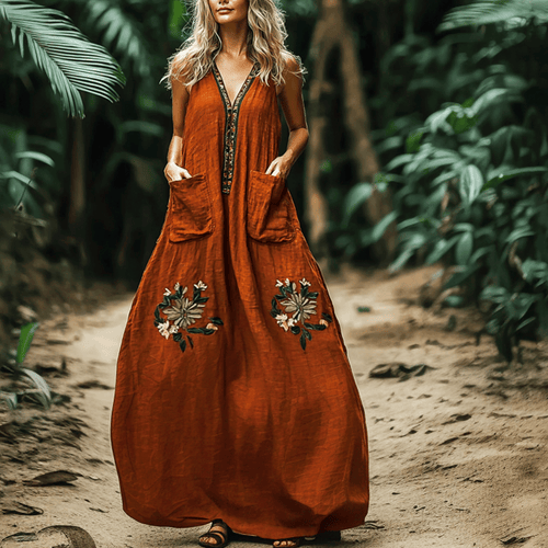 Women's Vintage Pocket Sleeveless Linen Maxi Dress