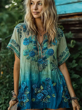 Load image into Gallery viewer, Blue Sequins Floral Boho Art Women's V-neck Short Sleeve Long Shirt
