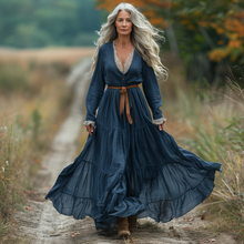 Load image into Gallery viewer, Women's Vintage V-neck Linen Long-sleeve Maxi Long Dress