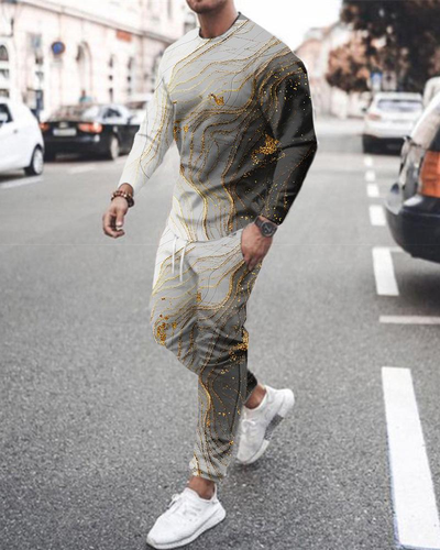 Men's casual color-block print color-block long-sleeved sports set 024