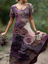 Load image into Gallery viewer, Classy Purple  Floral Embroidered And Patchwork Art Linen Maxi Dress