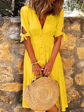 Load image into Gallery viewer, Women's Solid Cotton Linen V-Neck Tie Half-Sleeve Casual Dress