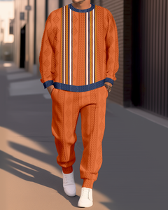 Men's Textured Jacquard Round Neck Casual Sports Set  009