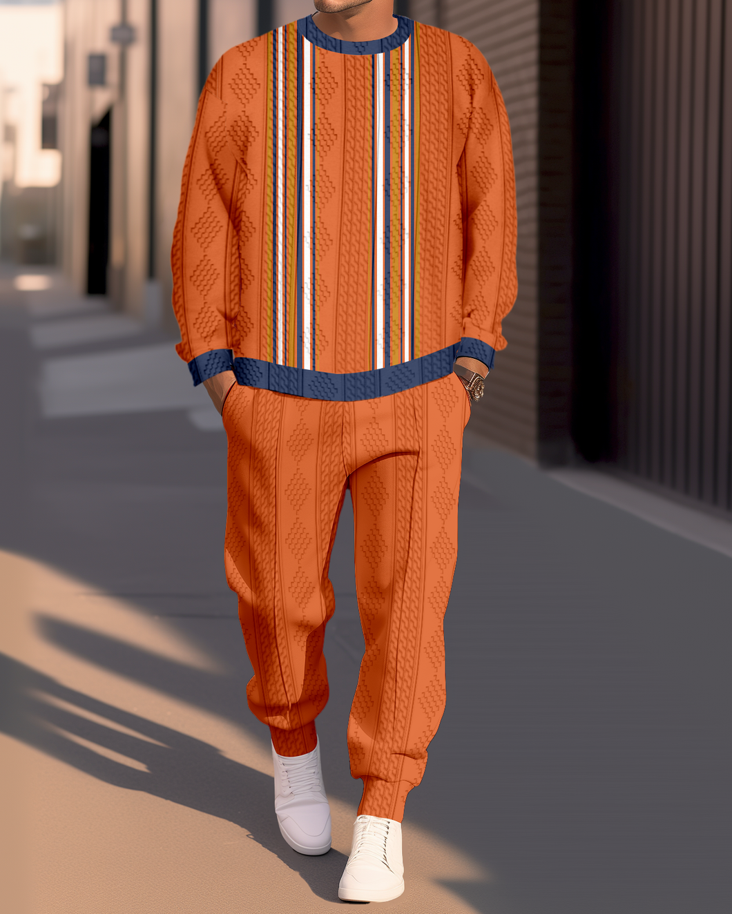 Men's Textured Jacquard Round Neck Casual Sports Set  009